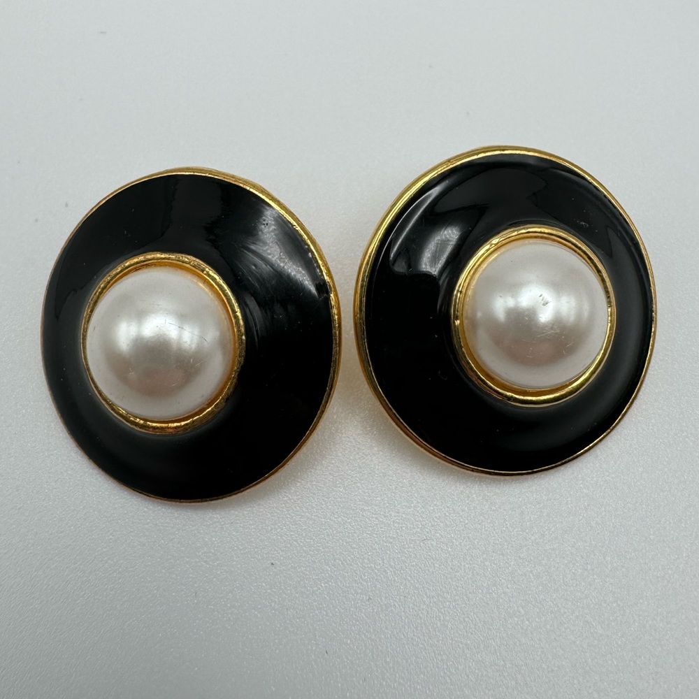 Vintage Black Enamel and Faux Pearl Pierced Earrings